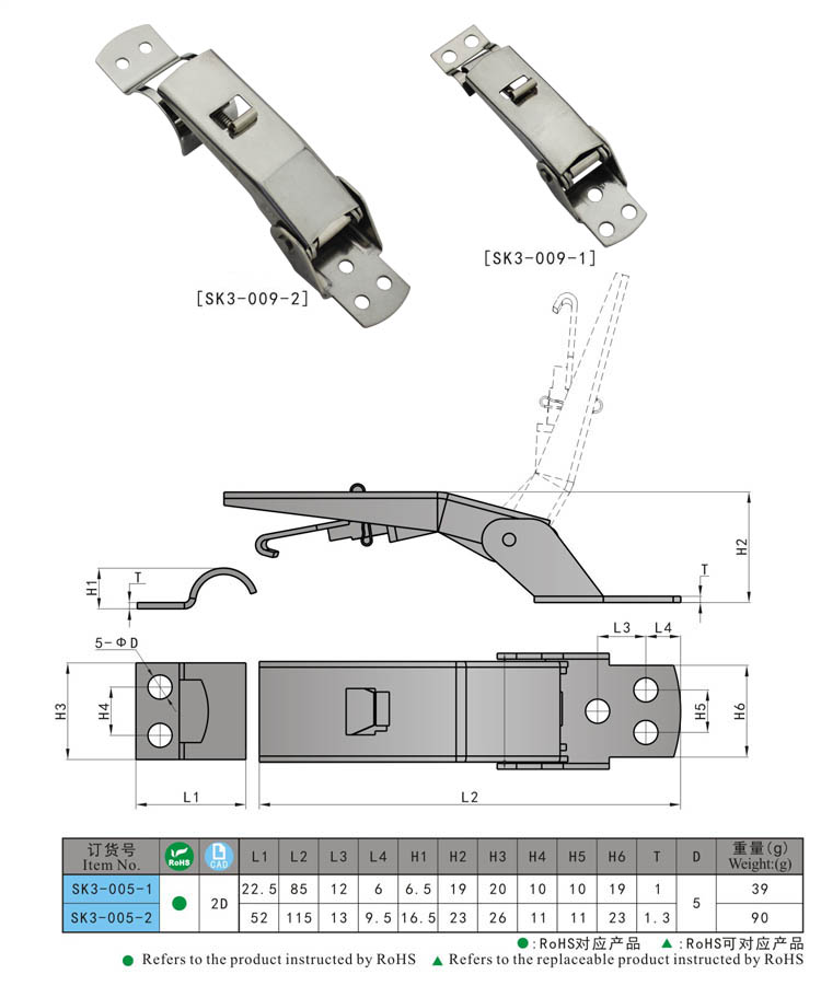 SK3-009 KUNLONG الصناعية الفولاذ المقاوم للصدأ رسم مزلاج