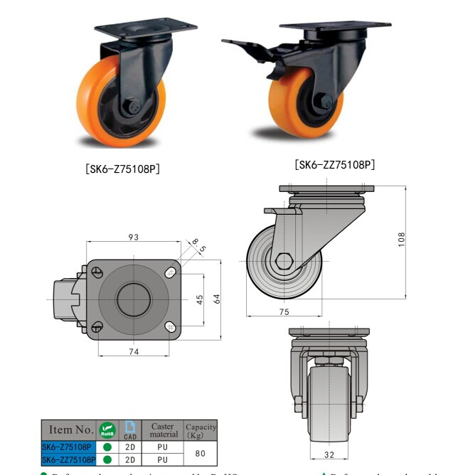 SK6-Z75108P KUNLONG Industrial Caster Wheel